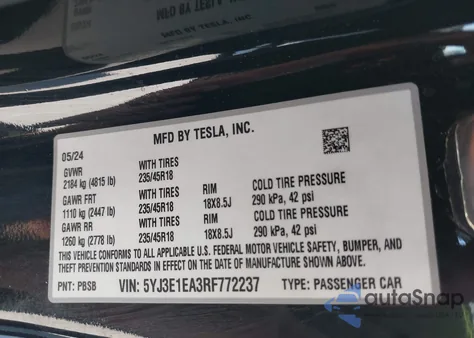 2024 Tesla Model 3 Long Range Dual Motor All-Wheel Drive/Rear-Wheel Drive z USA, uszkodzony, nr VIN 5YJ3E1EA3RF772237